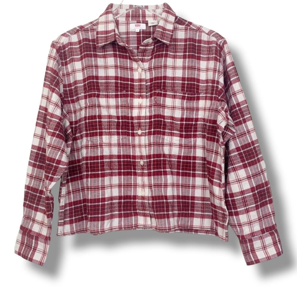 Levi’s Women’s Maple Red Utility Plaid Cropped Button-Up Shirt – Medium Cotton